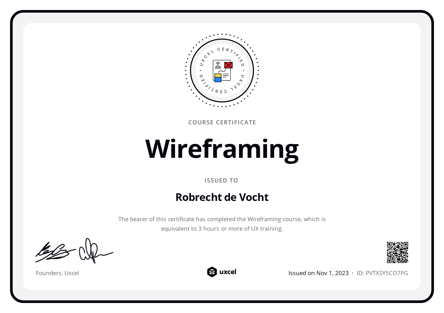 Robrecht de Vocht's certificate